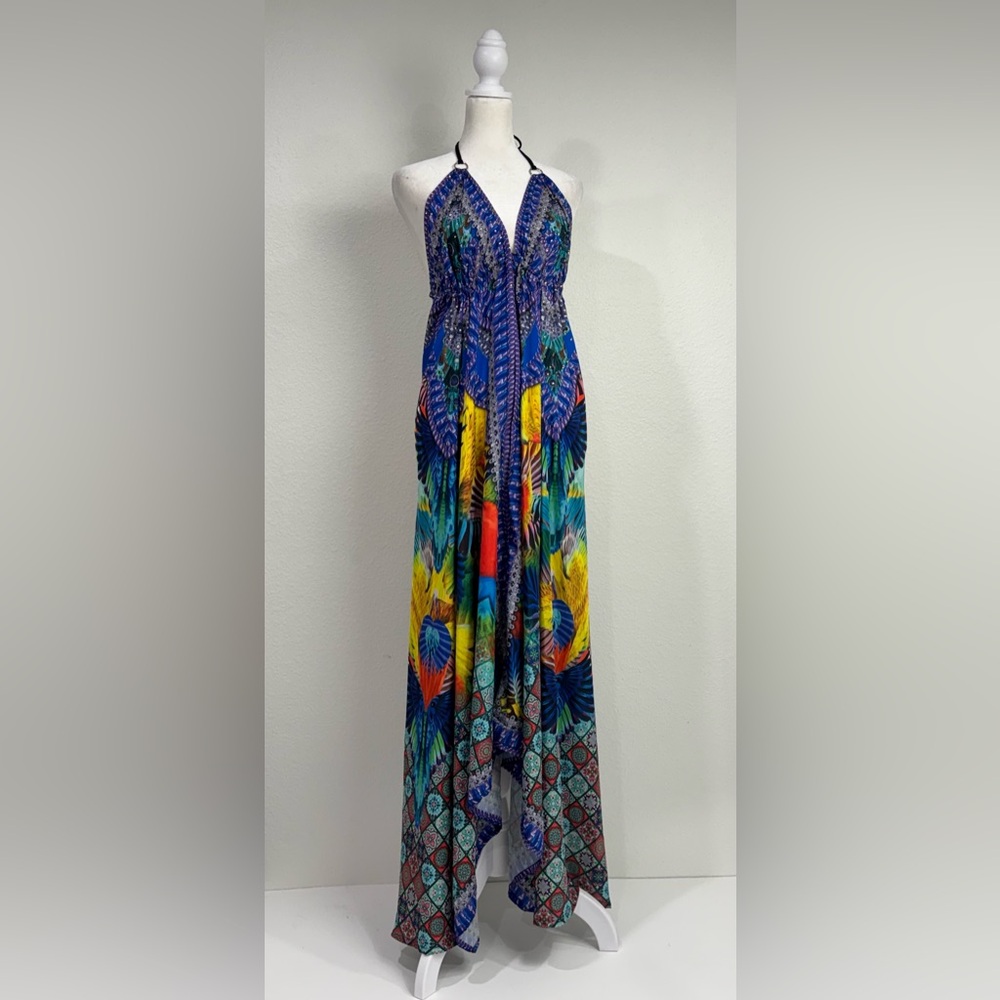 Open Back Tropical Parrot Halter Maxi Dress Resort‎ One Size Adjustable Straps